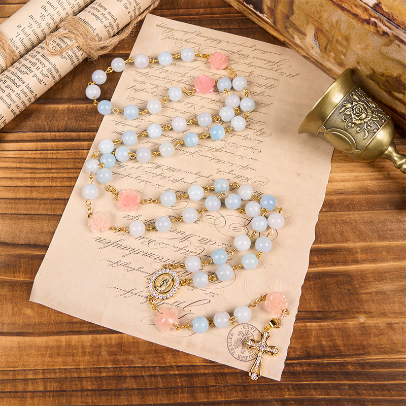 Christianartworkshop Our Lady of Guadalupe & Crucifix of 8mm Handmade Blue Aquamarine Chalcedony Beads Rosary - image 10