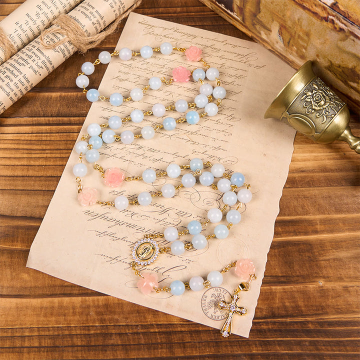 Christianartworkshop Our Lady of Guadalupe & Crucifix of 8mm Handmade Blue Aquamarine Chalcedony Beads Rosary - image 10