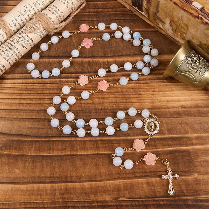 Christianartworkshop Our Lady of Guadalupe & Crucifix of 8mm Handmade Blue Aquamarine Chalcedony Beads Rosary - image 5