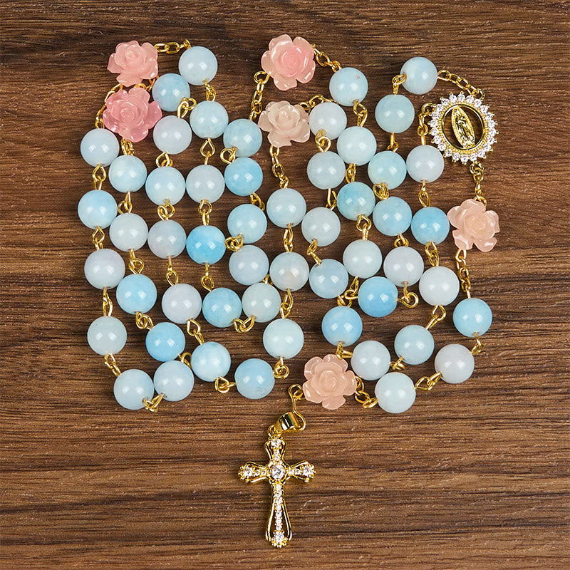 Christianartworkshop Our Lady of Guadalupe & Crucifix of 8mm Handmade Blue Aquamarine Chalcedony Beads Rosary - image 4