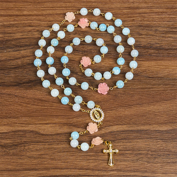 Christianartworkshop Our Lady of Guadalupe & Crucifix of 8mm Handmade Blue Aquamarine Chalcedony Beads Rosary - Aquamarine Chalcedony Beads - image 0