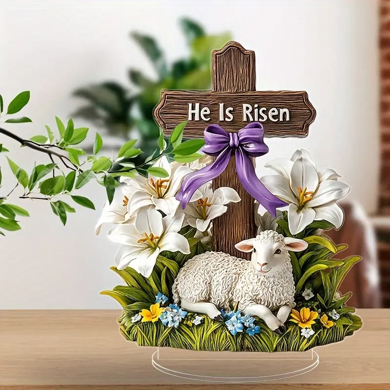 Christianartworkshop Easter Resurrection with He Is Risen Cross and Lamb Figurine - He is Risen - image 1