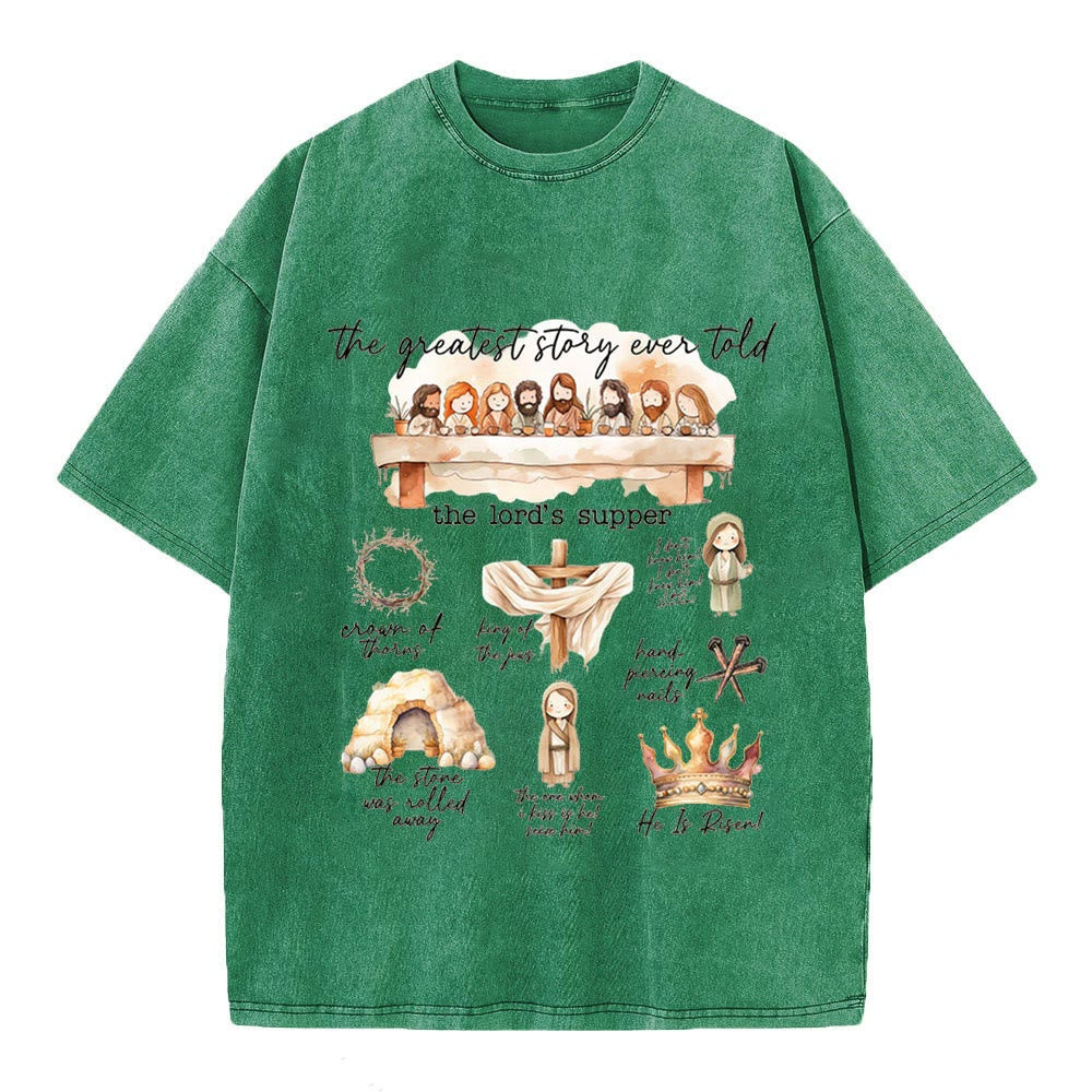 Christianartworkshop Greatest Story Ever Told Christian Washed T-Shirt - Grass Green - 4XL - image 5
