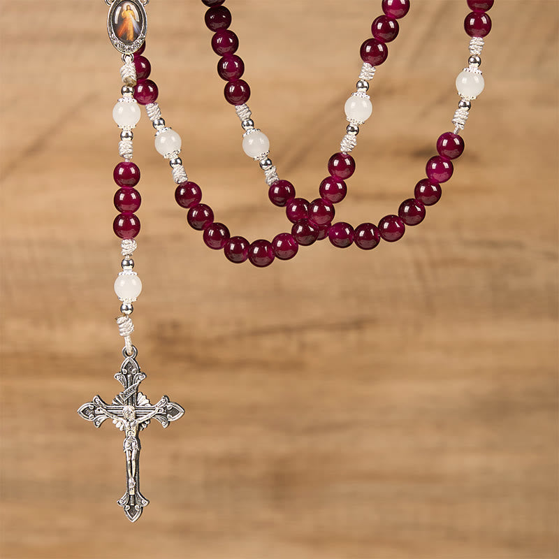 Christianartworkshop Divine Mercy & Crucifix of 8mm Garnet Chalcedony Rosary - Handmade Divine Beads - image 6