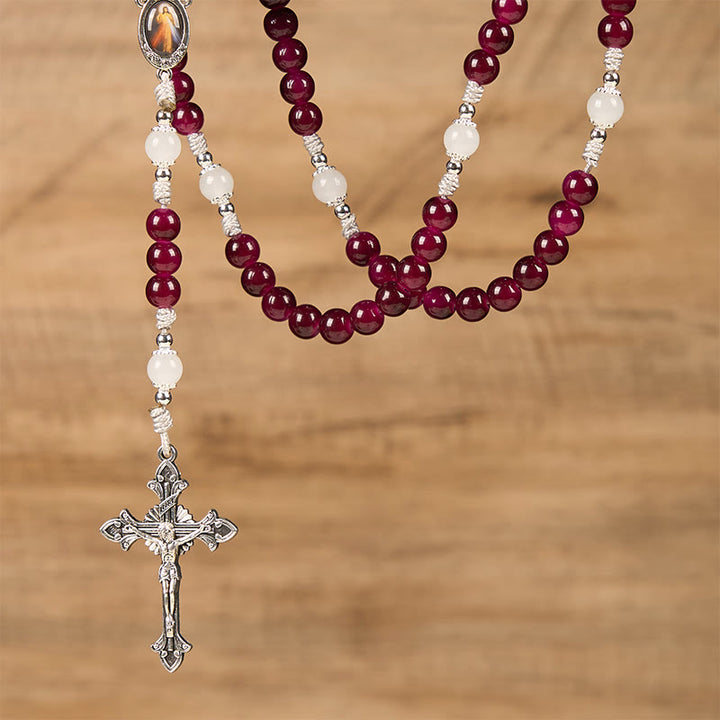 Christianartworkshop Divine Mercy & Crucifix of 8mm Garnet Chalcedony Rosary - Handmade Divine Beads - image 6