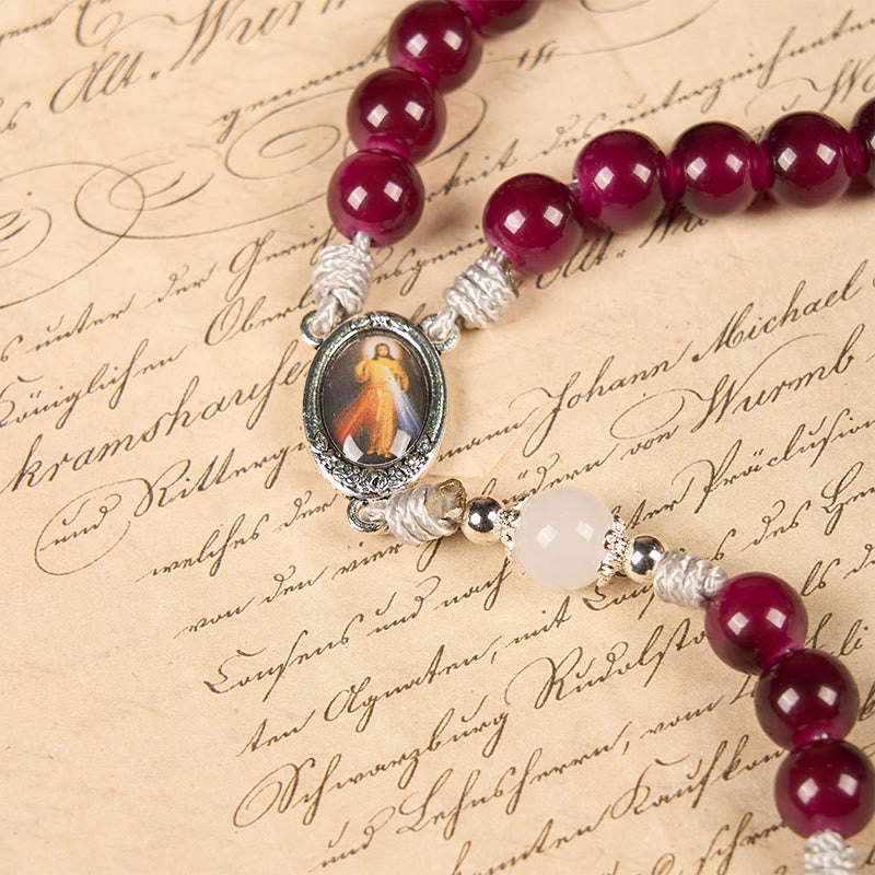 Christianartworkshop Divine Mercy & Crucifix of 8mm Garnet Chalcedony Rosary - Handmade Divine Beads - image 4