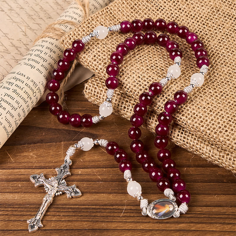 Christianartworkshop Divine Mercy & Crucifix of 8mm Garnet Chalcedony Rosary - Handmade Divine Beads - image 1
