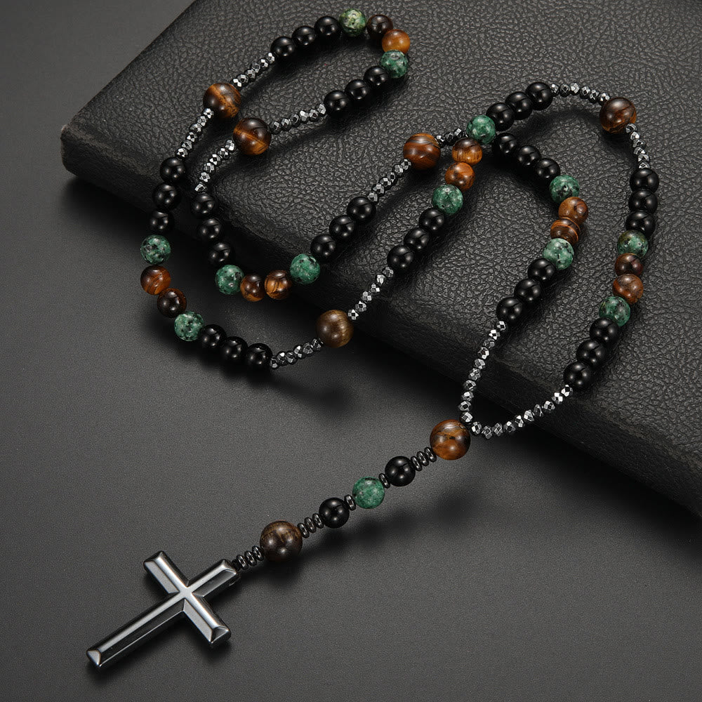 Christianartworkshop 8mm African Turquoise & Yellow Tiger Eye Stone Prayer Rosary - African Turquoise & Yellow Tiger Eye - image 1