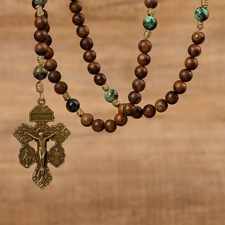 Christianartworkshop Holy Family & Crucifix of 8mm Handmade Pine Wood & African Turquoise Rosary - image 4
