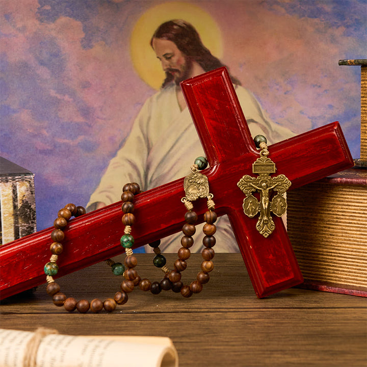 Christianartworkshop Holy Family & Crucifix of 8mm Handmade Pine Wood & African Turquoise Rosary - image 7