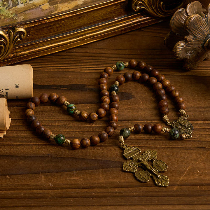 Christianartworkshop Holy Family & Crucifix of 8mm Handmade Pine Wood & African Turquoise Rosary