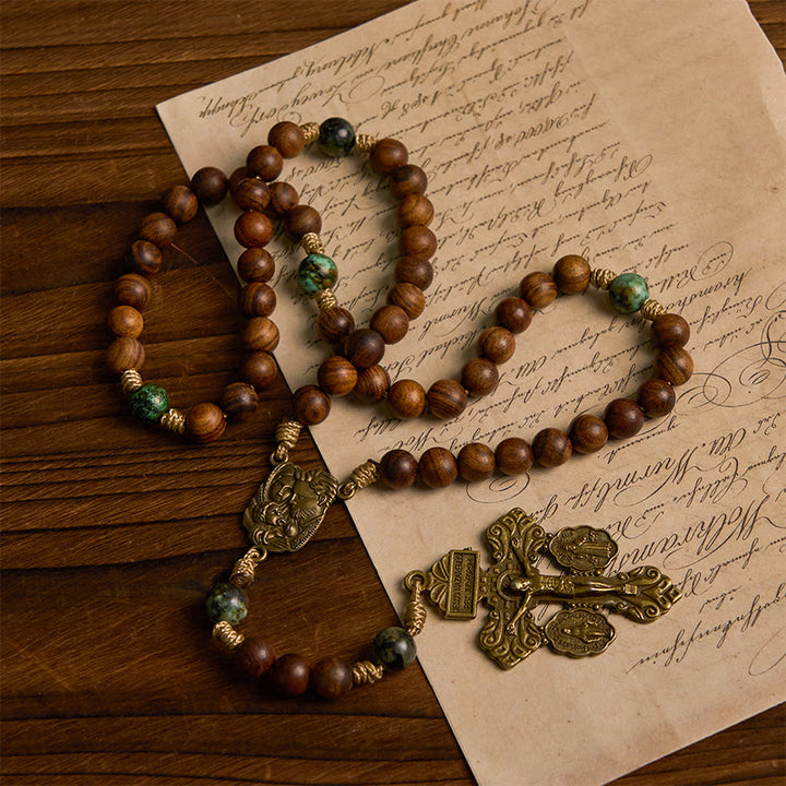 Christianartworkshop Holy Family & Crucifix of 8mm Handmade Pine Wood & African Turquoise Rosary