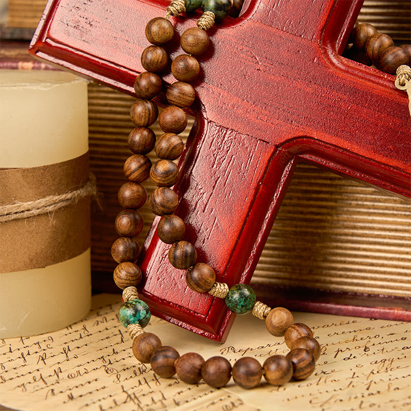 Christianartworkshop Holy Family & Crucifix of 8mm Handmade Pine Wood & African Turquoise Rosary