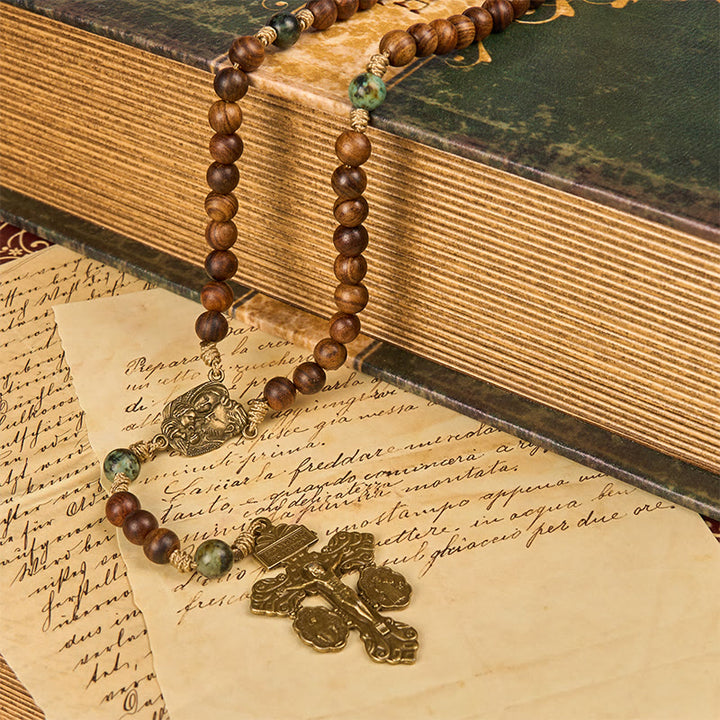 Christianartworkshop Holy Family & Crucifix of 8mm Handmade Pine Wood & African Turquoise Rosary - image 11