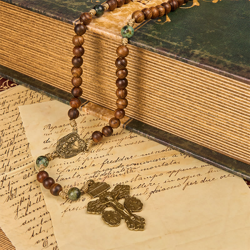 Christianartworkshop Holy Family & Crucifix of 8mm Handmade Pine Wood & African Turquoise Rosary
