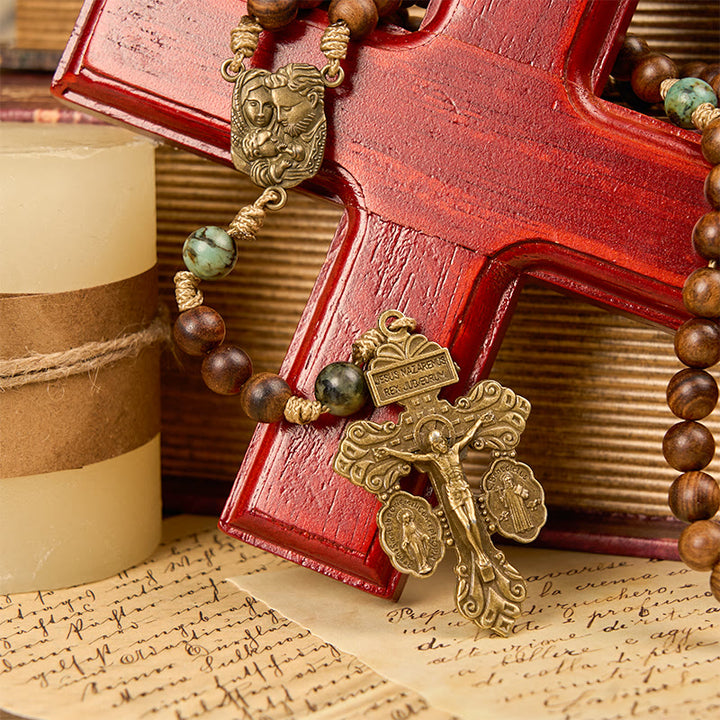 Christianartworkshop Holy Family & Crucifix of 8mm Handmade Pine Wood & African Turquoise Rosary