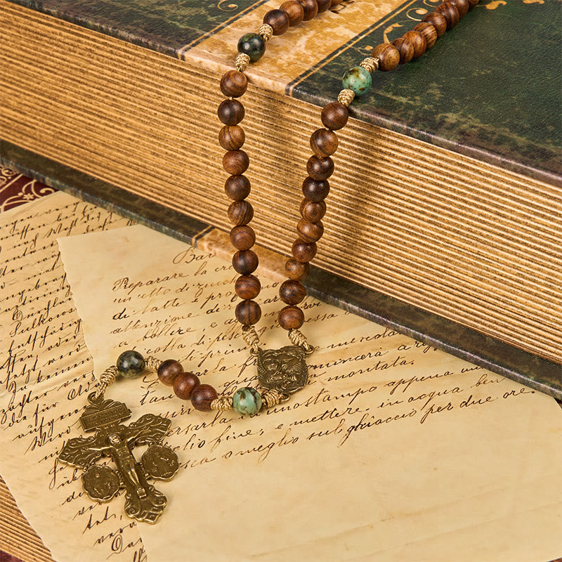 Christianartworkshop Holy Family & Crucifix of 8mm Handmade Pine Wood & African Turquoise Rosary - image 8