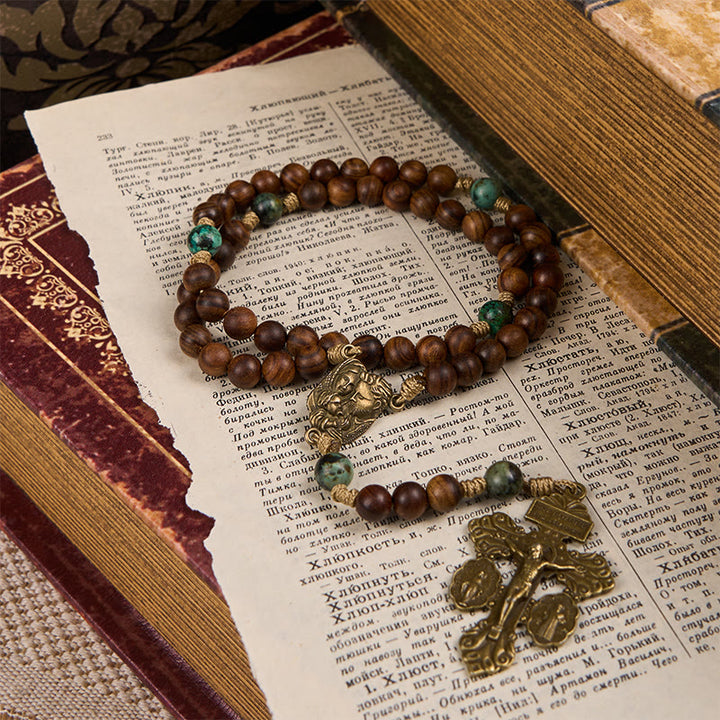 Christianartworkshop Holy Family & Crucifix of 8mm Handmade Pine Wood & African Turquoise Rosary - image 5