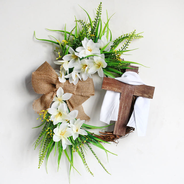 Christianartworkshop "Holy Embrace" Wreath and Cross: A Spring Hymn of Faith - Cross + white scarf - image 1
