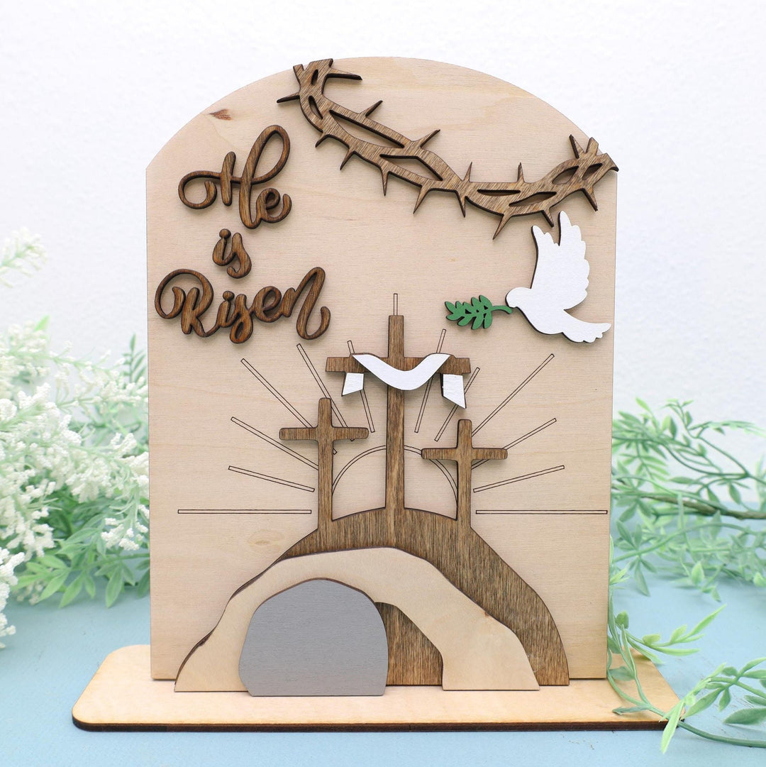 Christianartworkshop "Risen Hope" Easter Icon Set: Decorative Wooden Display with Cross and Tomb Designs - Boxwood color 1 - image 1