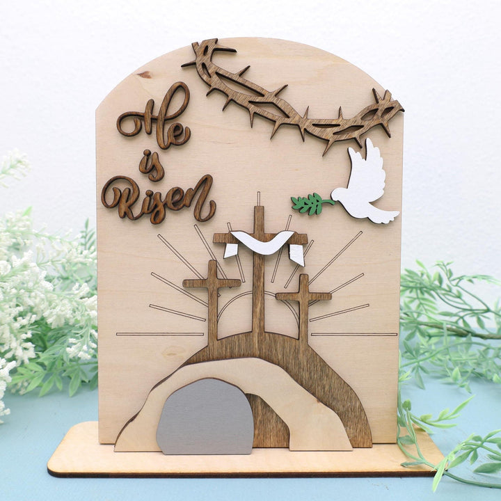 Christianartworkshop "Risen Hope" Easter Icon Set: Decorative Wooden Display with Cross and Tomb Designs - Boxwood color 1 - image 1
