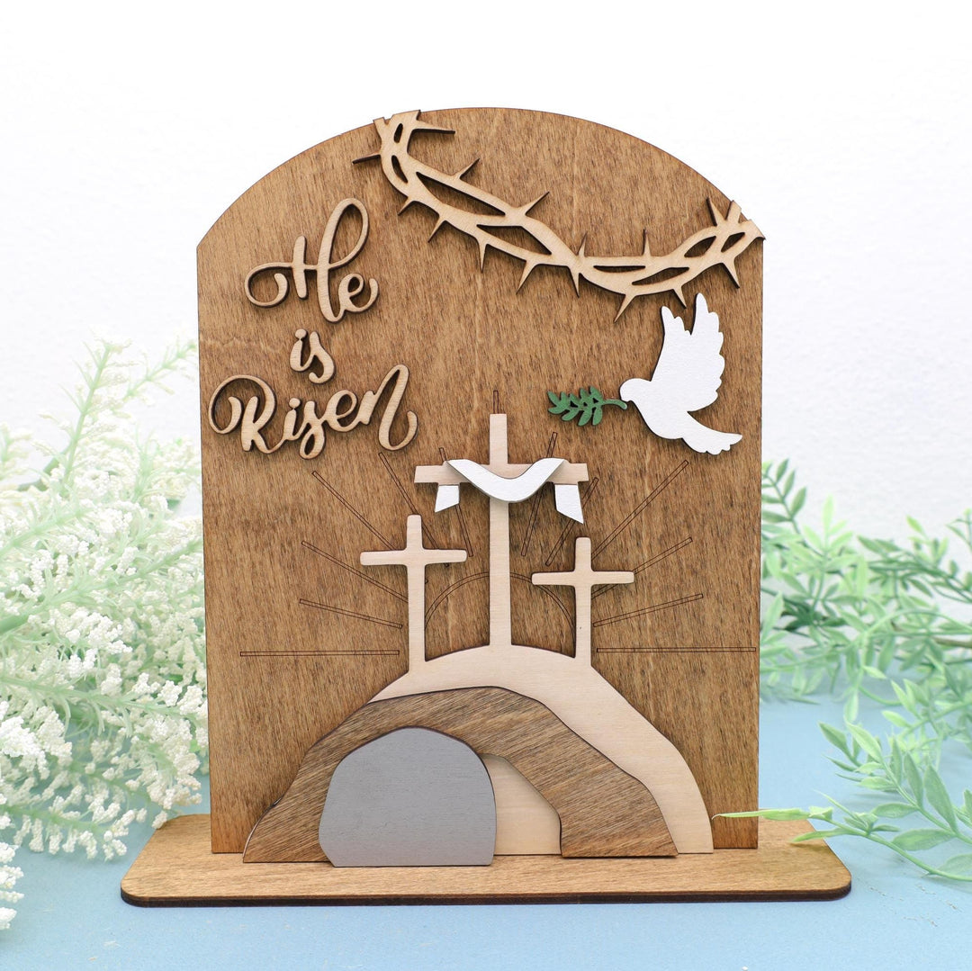 Christianartworkshop "Risen Hope" Easter Icon Set: Decorative Wooden Display with Cross and Tomb Designs - Boxwood color 2 - image 2