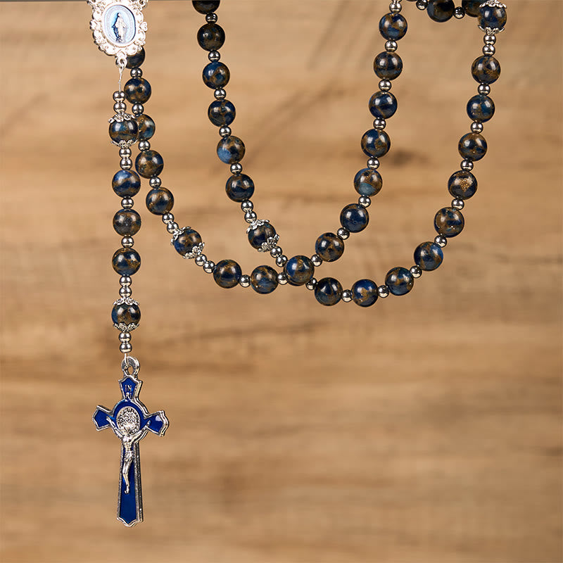 Christianartworkshop Virgin Mary & Blue Crucifix of 8mm Blue Gold Stone Beads Rosary - image 2