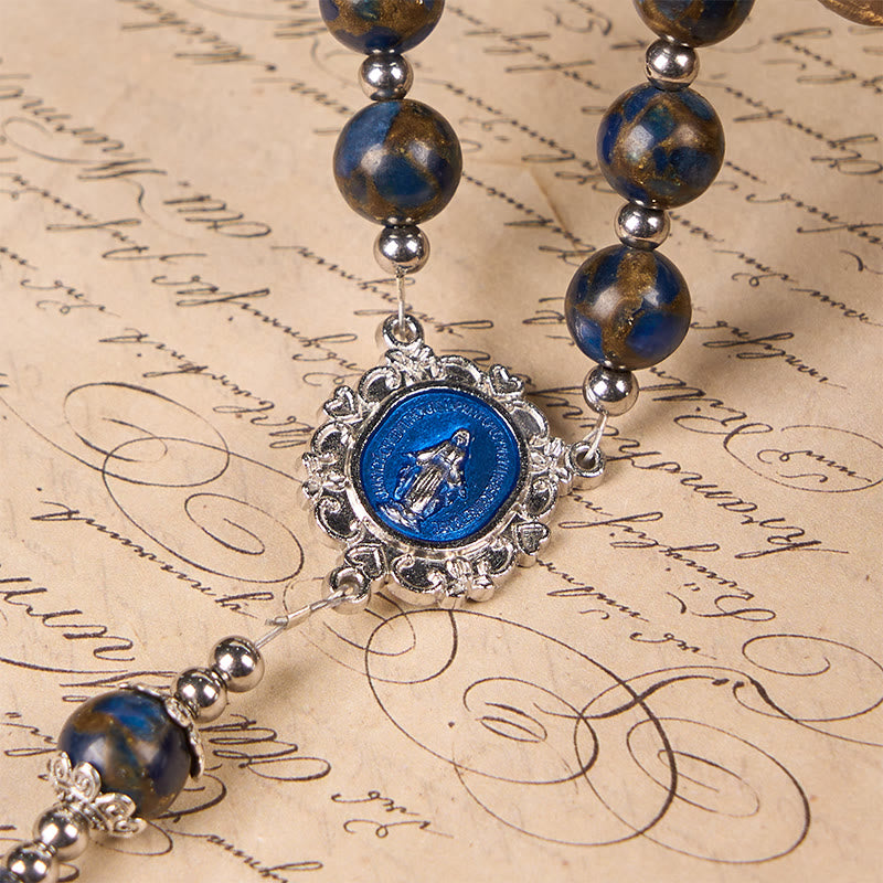 Christianartworkshop Virgin Mary & Blue Crucifix of 8mm Blue Gold Stone Beads Rosary - image 4
