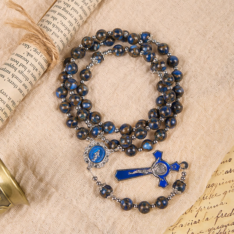 Christianartworkshop Virgin Mary & Blue Crucifix of 8mm Blue Gold Stone Beads Rosary - image 1