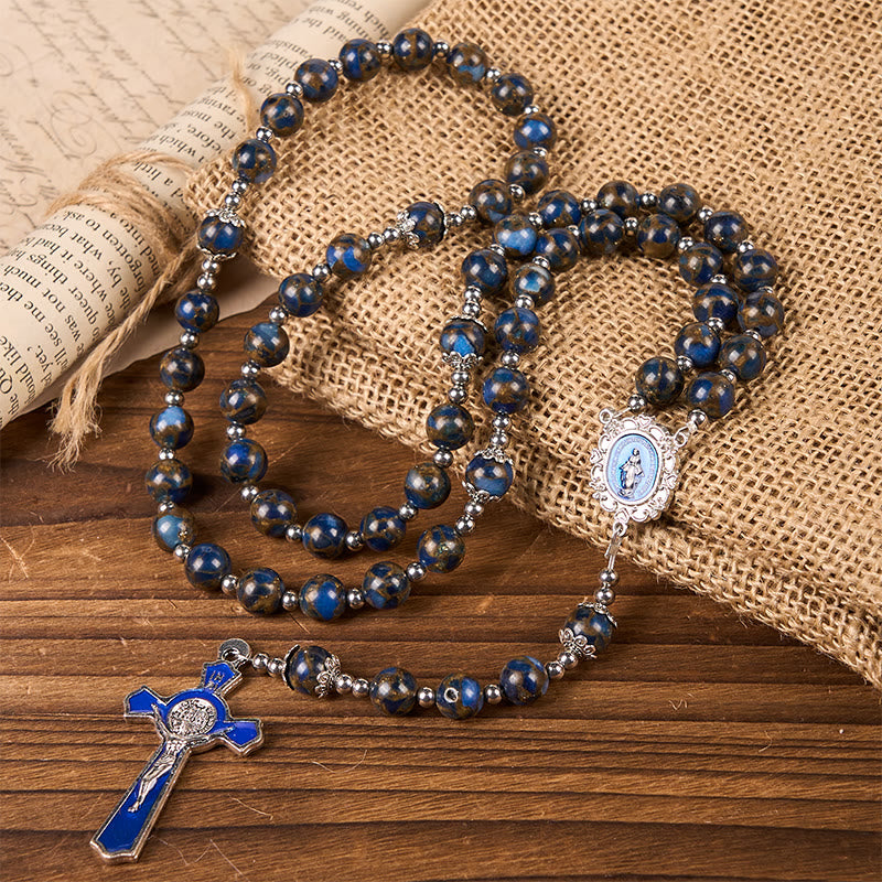 Christianartworkshop Virgin Mary & Blue Crucifix of 8mm Blue Gold Stone Beads Rosary - Virgin Mary & Blue Crucifix - image 0