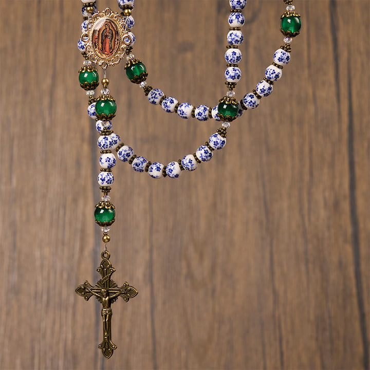 Christianartworkshop Divine Serenity Handmade Floral Rosary: Our Lady of Guadalupe & Crucifix of 8mm Ceramics&Jade  - image 4