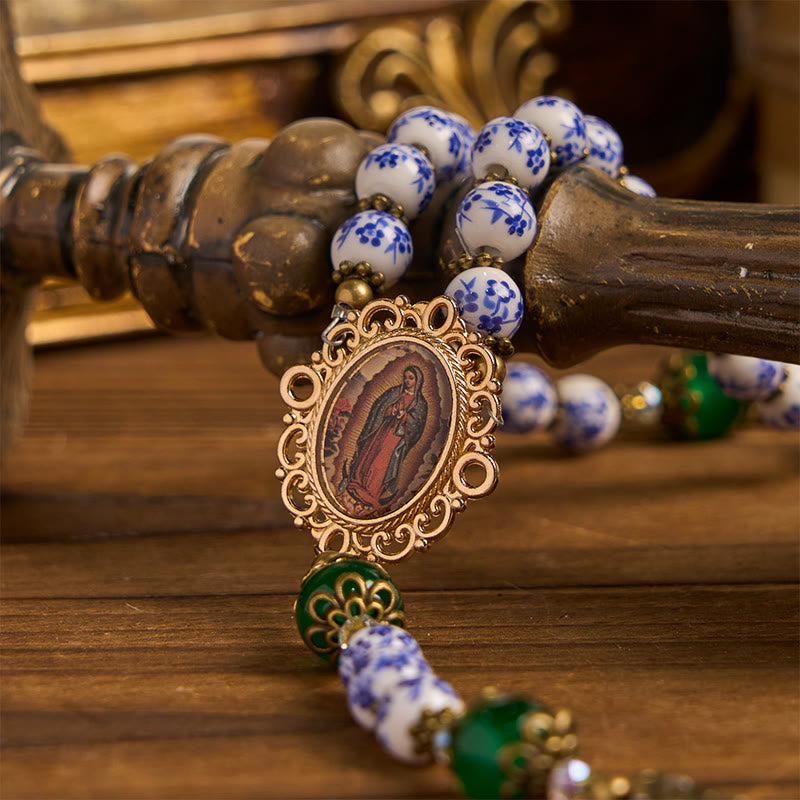 Christianartworkshop Divine Serenity Handmade Floral Rosary: Our Lady of Guadalupe & Crucifix of 8mm Ceramics&Jade  - image 7