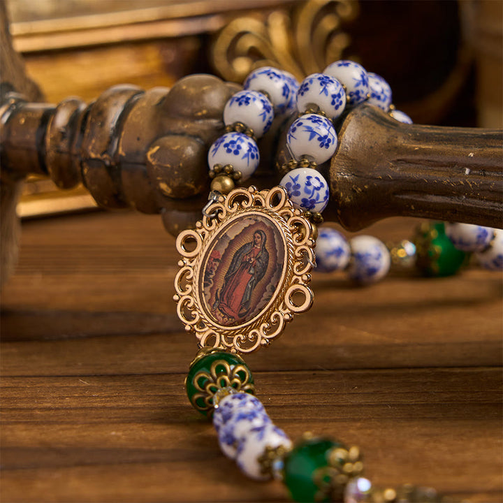 Christianartworkshop Divine Serenity Handmade Floral Rosary: Our Lady of Guadalupe & Crucifix of 8mm Ceramics&Jade  - image 7