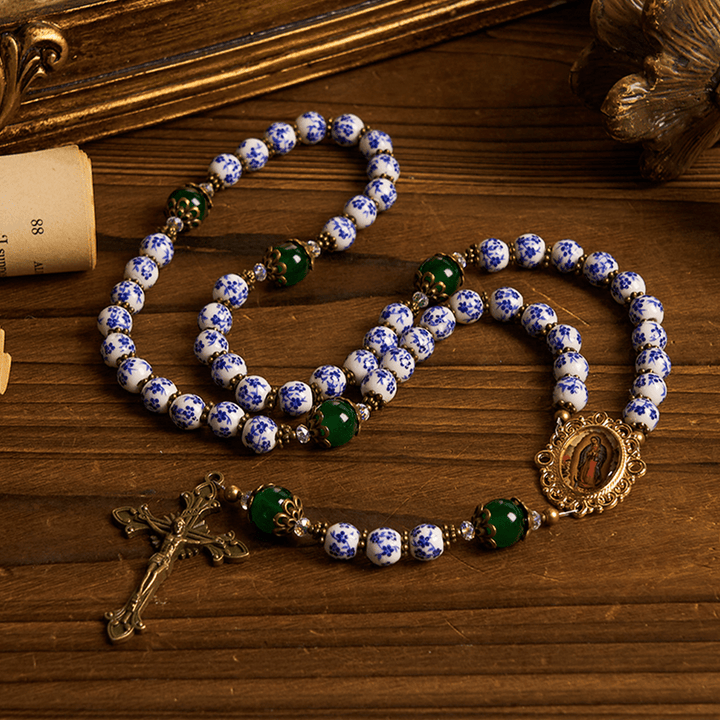 Christianartworkshop Divine Serenity Handmade Floral Rosary: Our Lady of Guadalupe & Crucifix of 8mm Ceramics&Jade  - image 8