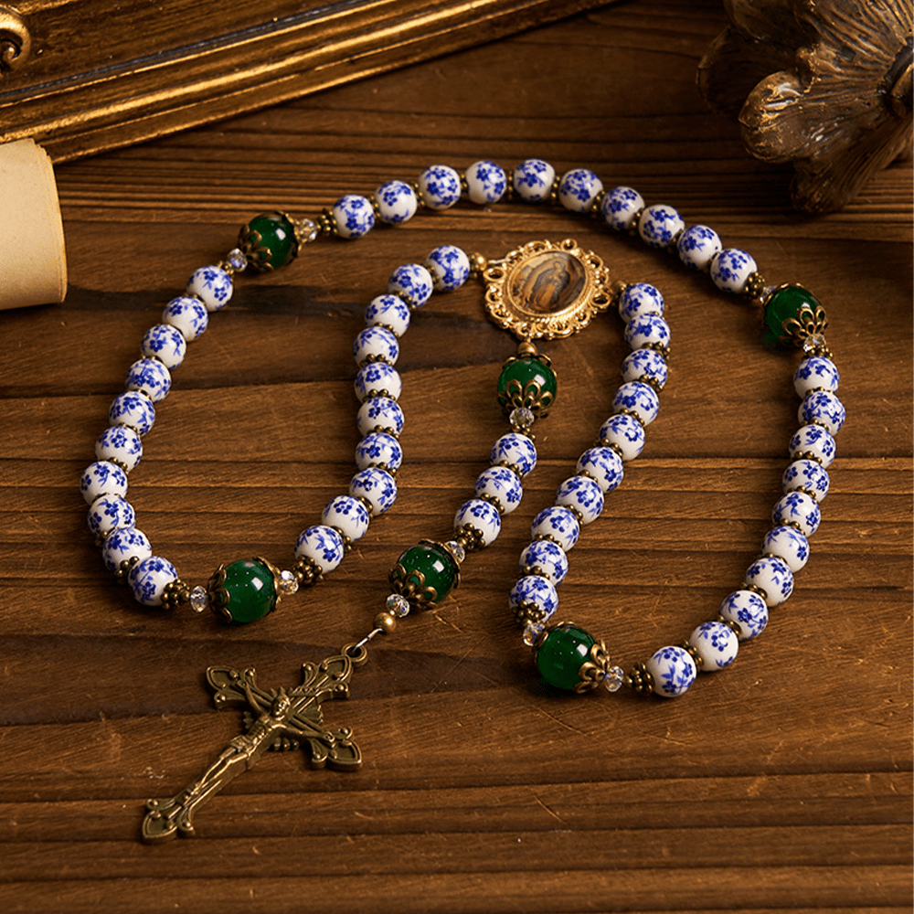 Christianartworkshop Divine Serenity Handmade Floral Rosary: Our Lady of Guadalupe & Crucifix of 8mm Ceramics&Jade  - image 3