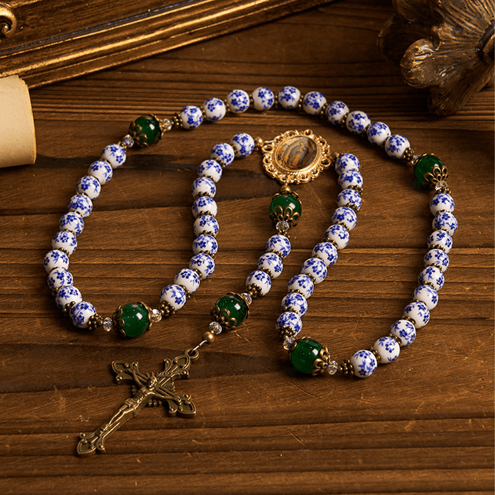 Christianartworkshop Divine Serenity Handmade Floral Rosary: Our Lady of Guadalupe & Crucifix of 8mm Ceramics&Jade  - image 3