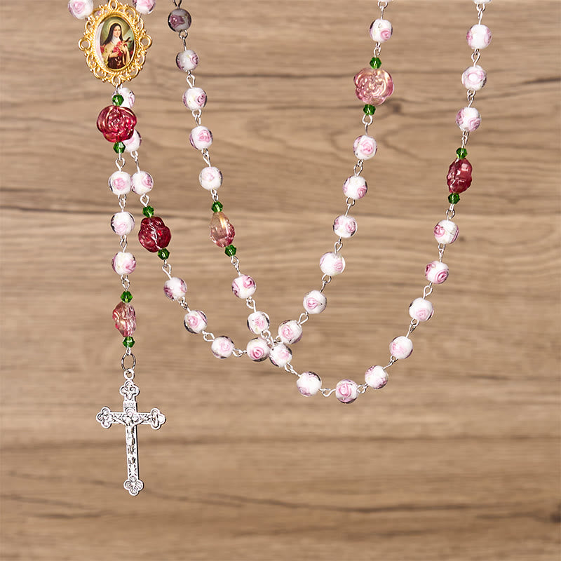 Christianartworkshop PRAYERFUL FAITH: Handmade Rose & Ivory Floral Elegance Rosary with Gift Card - image 11