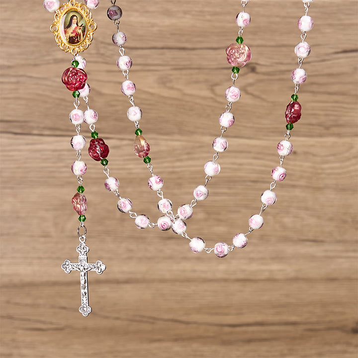 Christianartworkshop PRAYERFUL FAITH: Handmade Rose & Ivory Floral Elegance Rosary with Gift Card - image 11