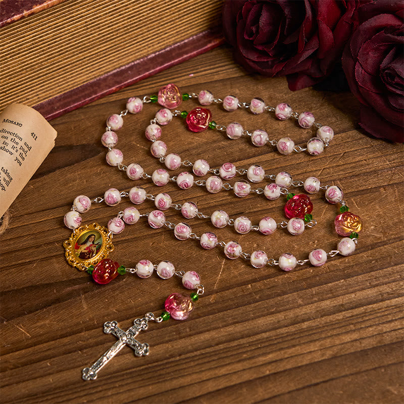 Christianartworkshop PRAYERFUL FAITH: Handmade Rose & Ivory Floral Elegance Rosary with Gift Card - image 4