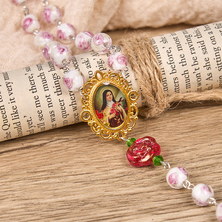 Christianartworkshop PRAYERFUL FAITH: Handmade Rose & Ivory Floral Elegance Rosary with Gift Card - image 8