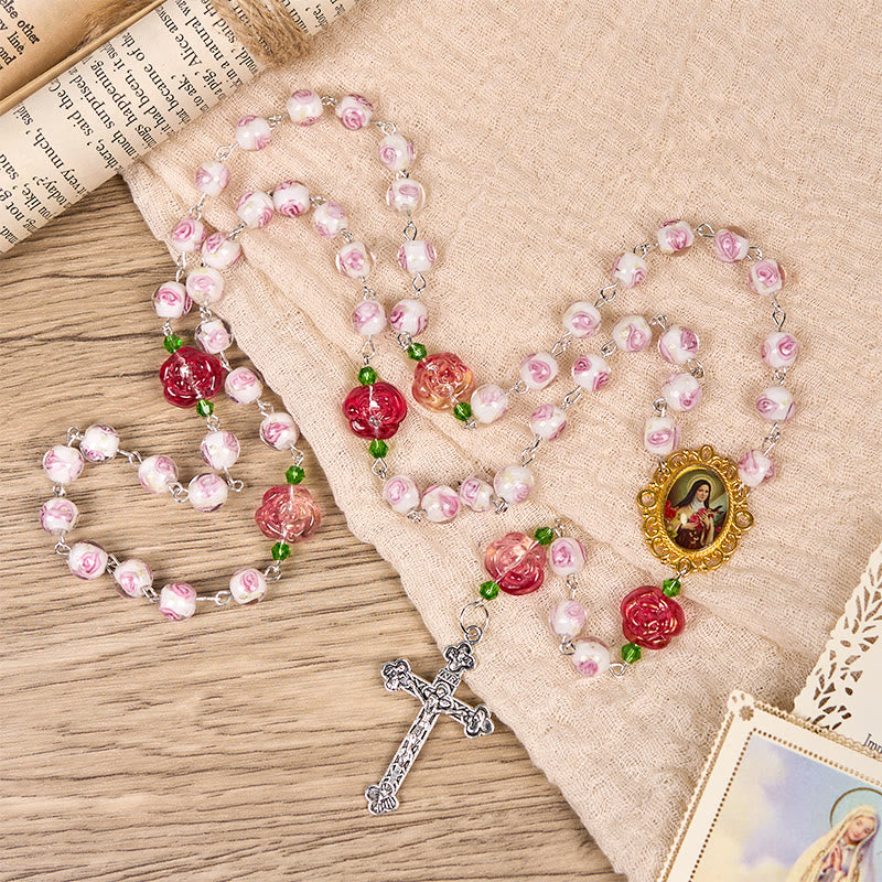 Christianartworkshop PRAYERFUL FAITH: Handmade Rose & Ivory Floral Elegance Rosary with Gift Card - image 6