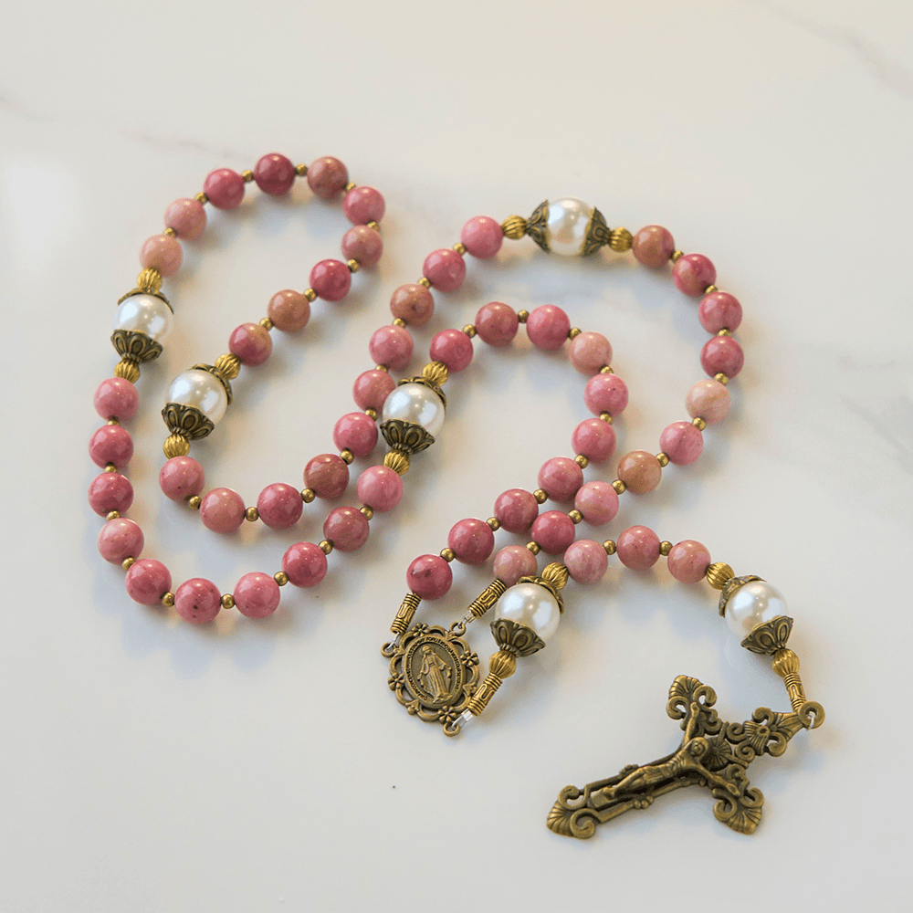 Christianartworkshop Miraculous Medal & Crucifix of 8mm Natural Red Wood Vein Stone Handmade Rosary Beads