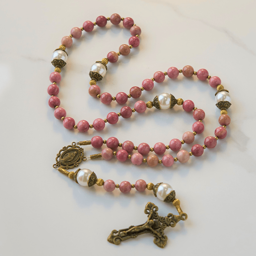 Christianartworkshop Miraculous Medal & Crucifix of 8mm Natural Red Wood Vein Stone Handmade Rosary Beads - image 1