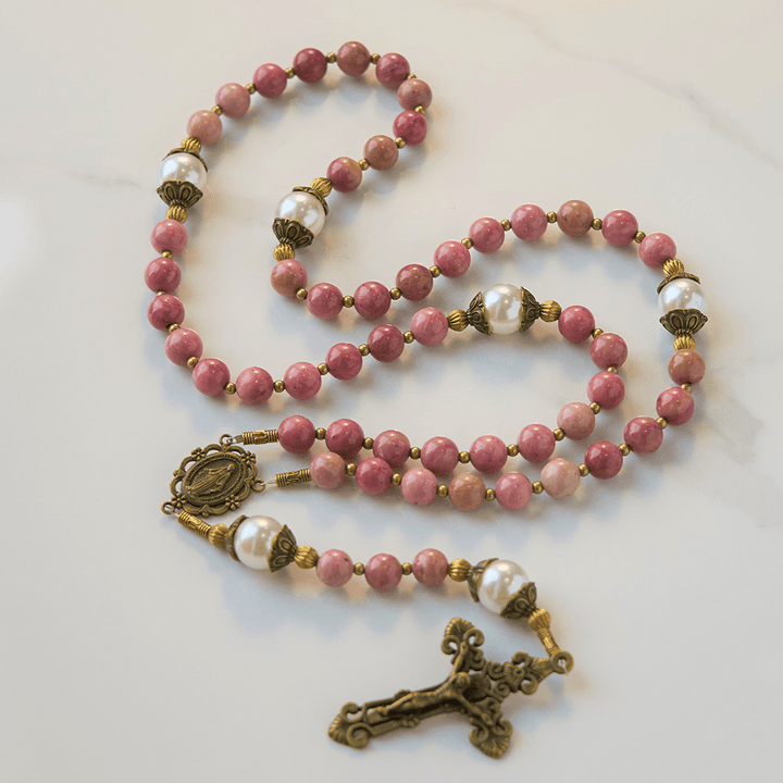 Christianartworkshop Miraculous Medal & Crucifix of 8mm Natural Red Wood Vein Stone Handmade Rosary Beads - image 1