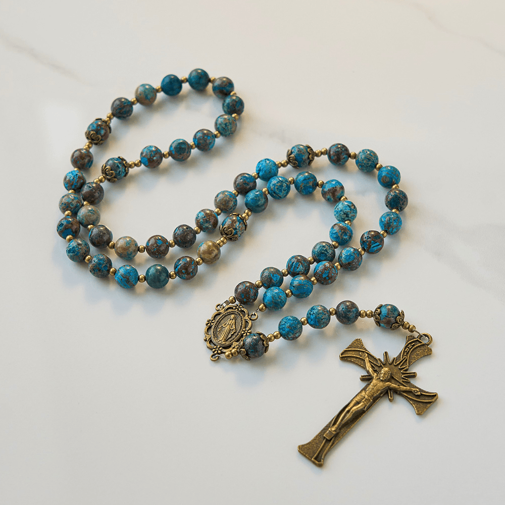 Christianartworkshop Blue Pattern Beads Handmade Rosary: Miraculous Medal & Crucifix of 8mm Authentic Larimar Stone - image 11