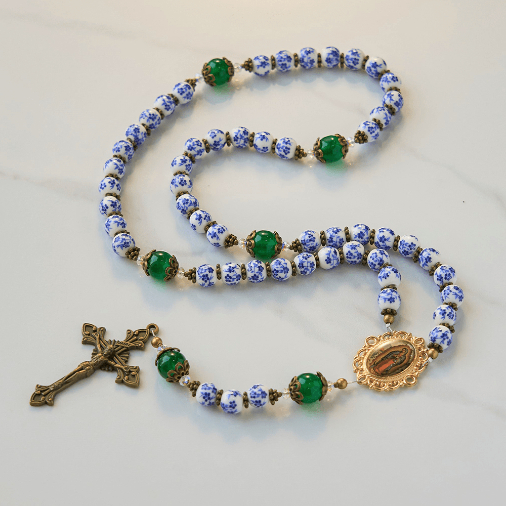 Christianartworkshop Divine Serenity Handmade Floral Rosary: Our Lady of Guadalupe & Crucifix of 8mm Ceramics&Jade  - image 1
