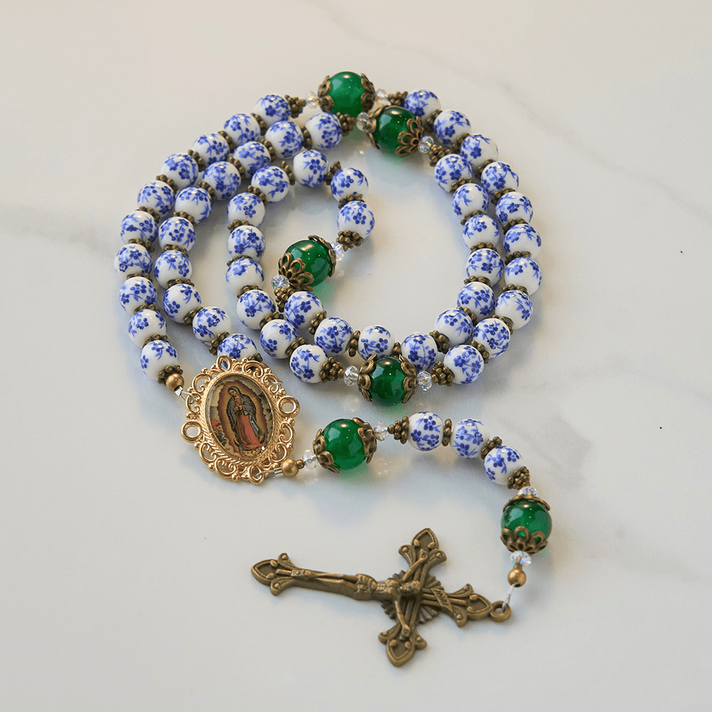 Christianartworkshop Divine Serenity Handmade Floral Rosary: Our Lady of Guadalupe & Crucifix of 8mm Ceramics&Jade  - Ceramics & Jade - image 0