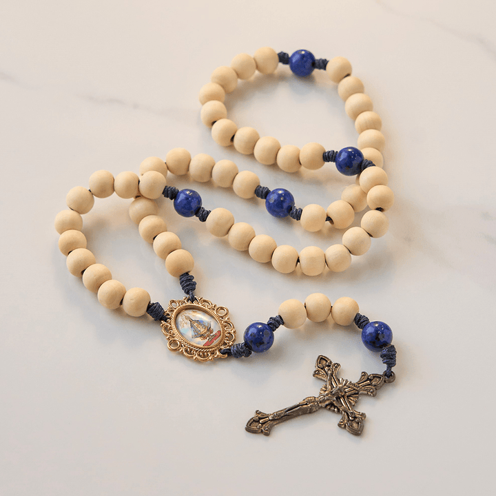 Christianartworkshop Our Lady & Crucifix of 10mm Handmade Wooden Beads Lapis Lazuli Our Father Beads Rosary - Our Lady & Crucifix - image 0