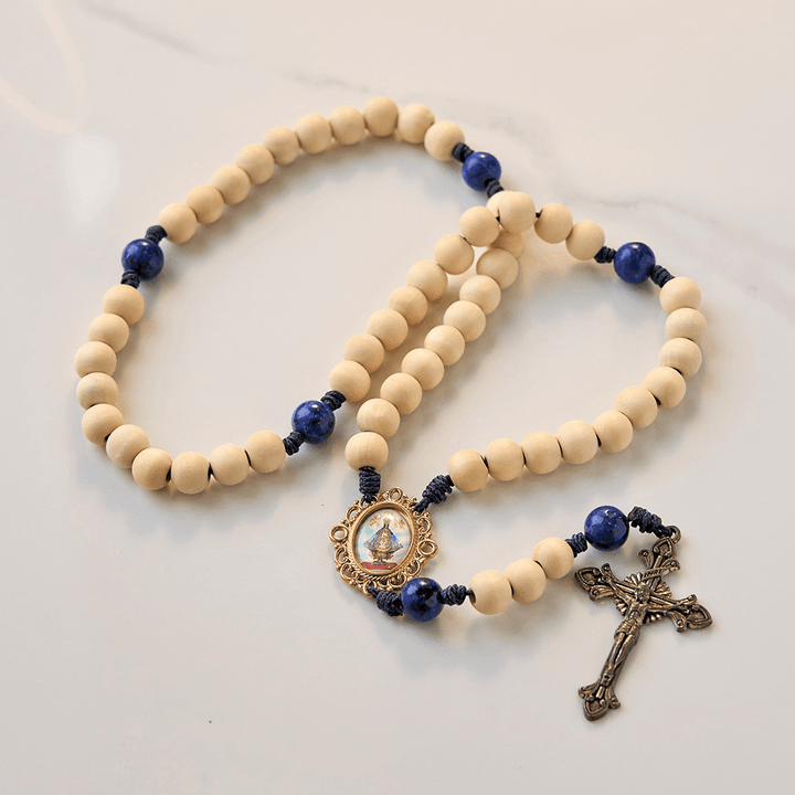 Christianartworkshop Our Lady & Crucifix of 10mm Handmade Wooden Beads Lapis Lazuli Our Father Beads Rosary - image 9