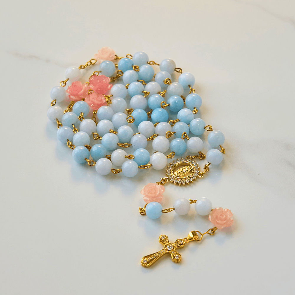 Christianartworkshop Our Lady of Guadalupe & Crucifix of 8mm Handmade Blue Aquamarine Chalcedony Beads Rosary - image 2